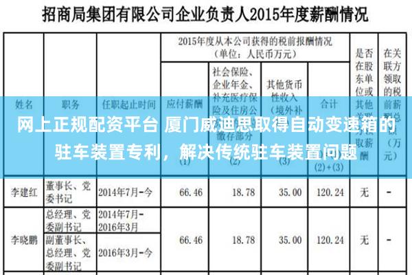 网上正规配资平台 厦门威迪思取得自动变速箱的驻车装置专利，解决传统驻车装置问题